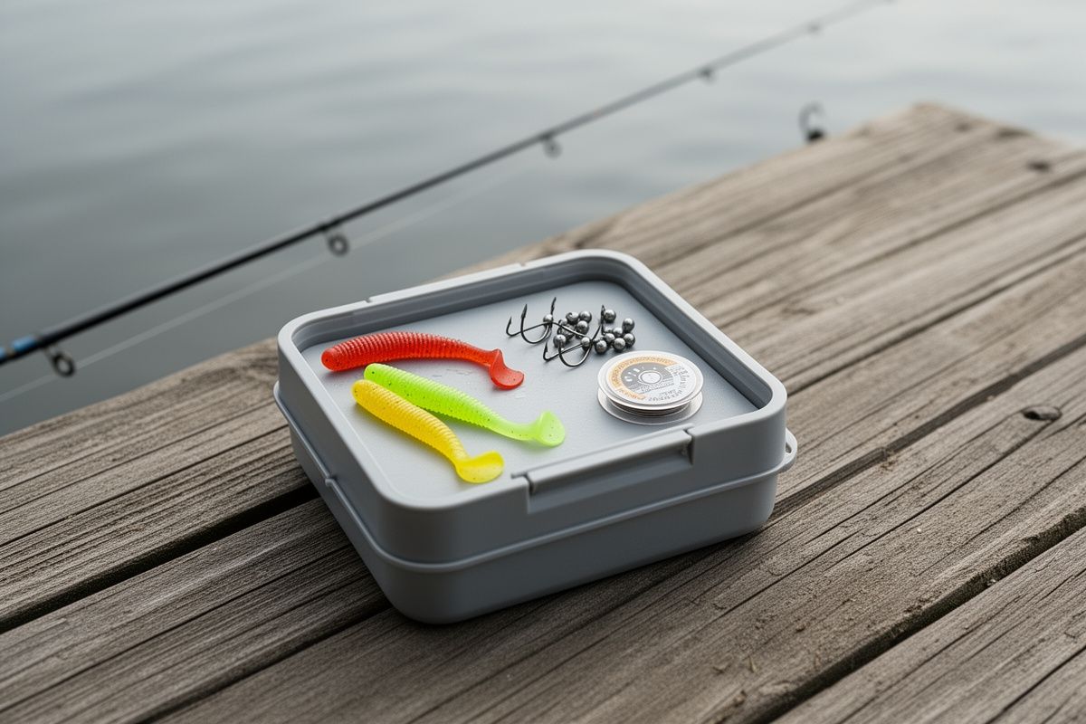 A compact beginner tackle box with just a few essentials — soft plastic worms, hooks, and a split shot spool — on a fishing dock