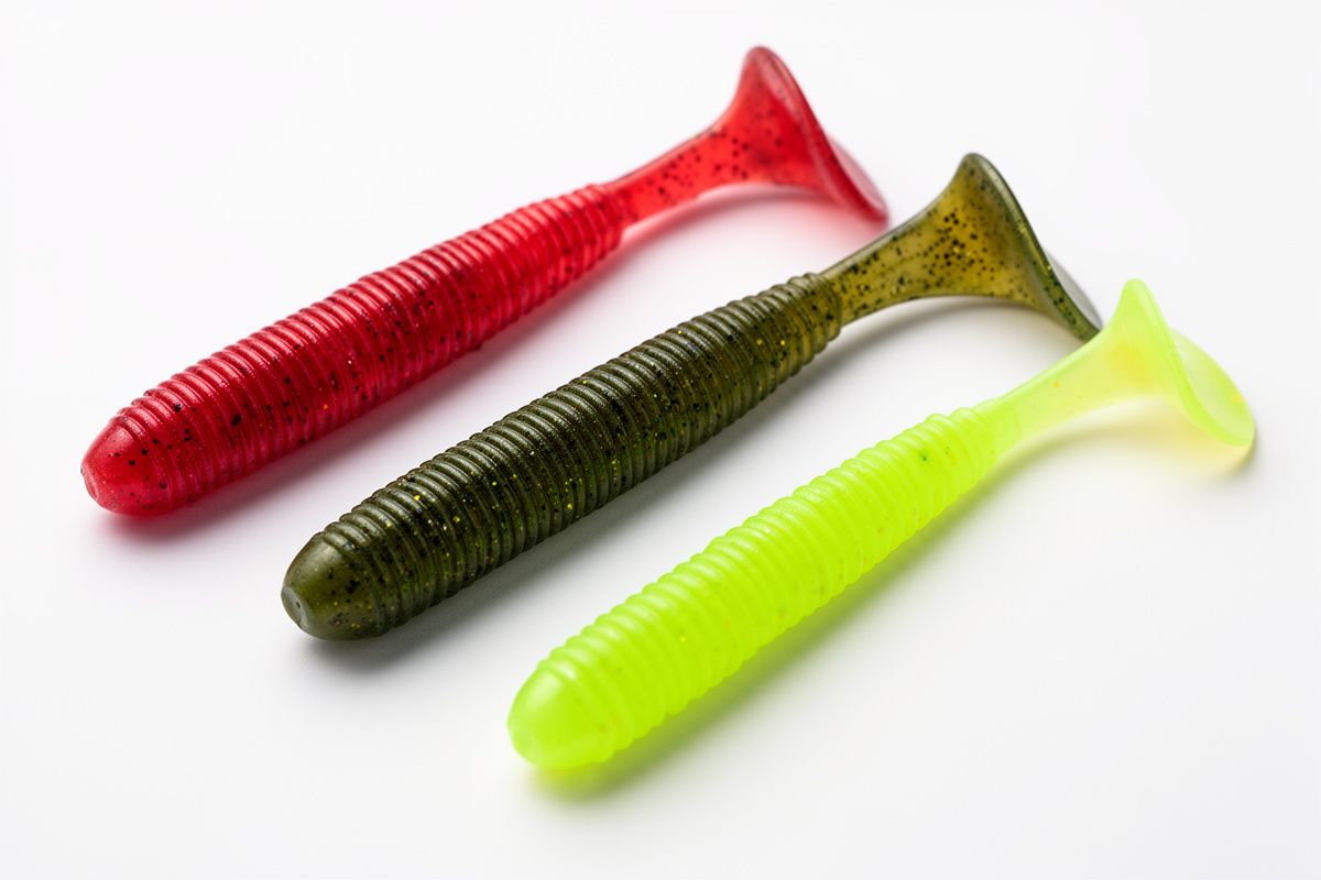 Close-up of soft plastic ribbontail worms and stick baits in natural colors — watermelon red, green pumpkin, and white — arranged on a tackle mat