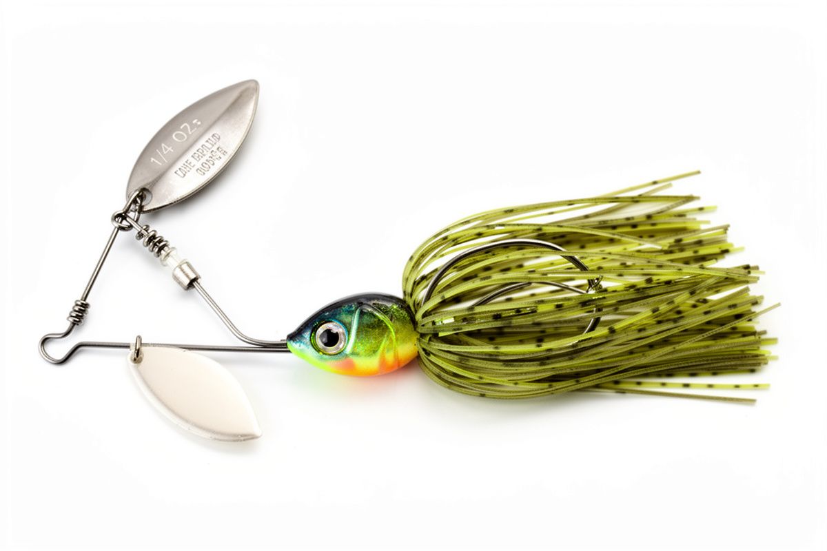 A two-blade spinnerbait with a Colorado blade and willow leaf blade in a white/chartreuse skirt, showing the wire guard that keeps it weedless