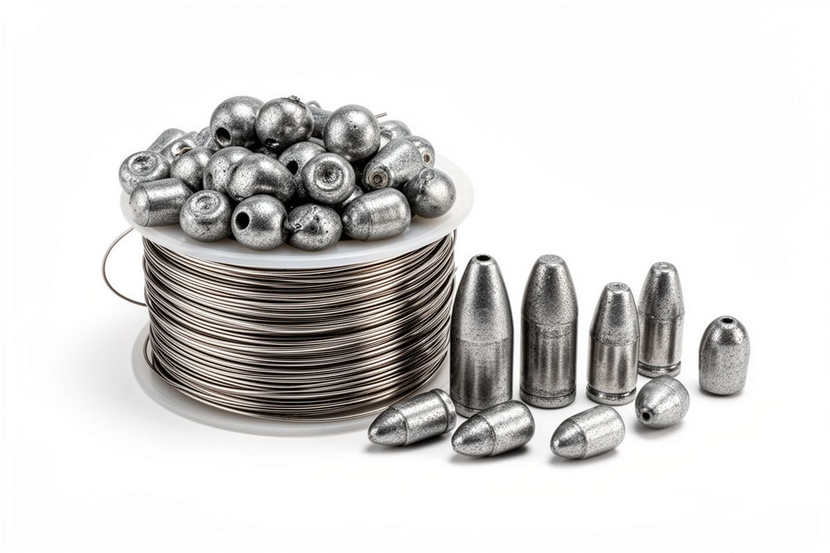 Split shot weights on a spool next to a pair of pliers crimping one onto fishing line