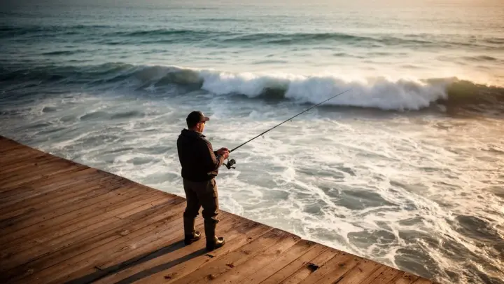 Beginner angler spinning-casting from a pier into ocean waves at golden hour with a spinning rod
