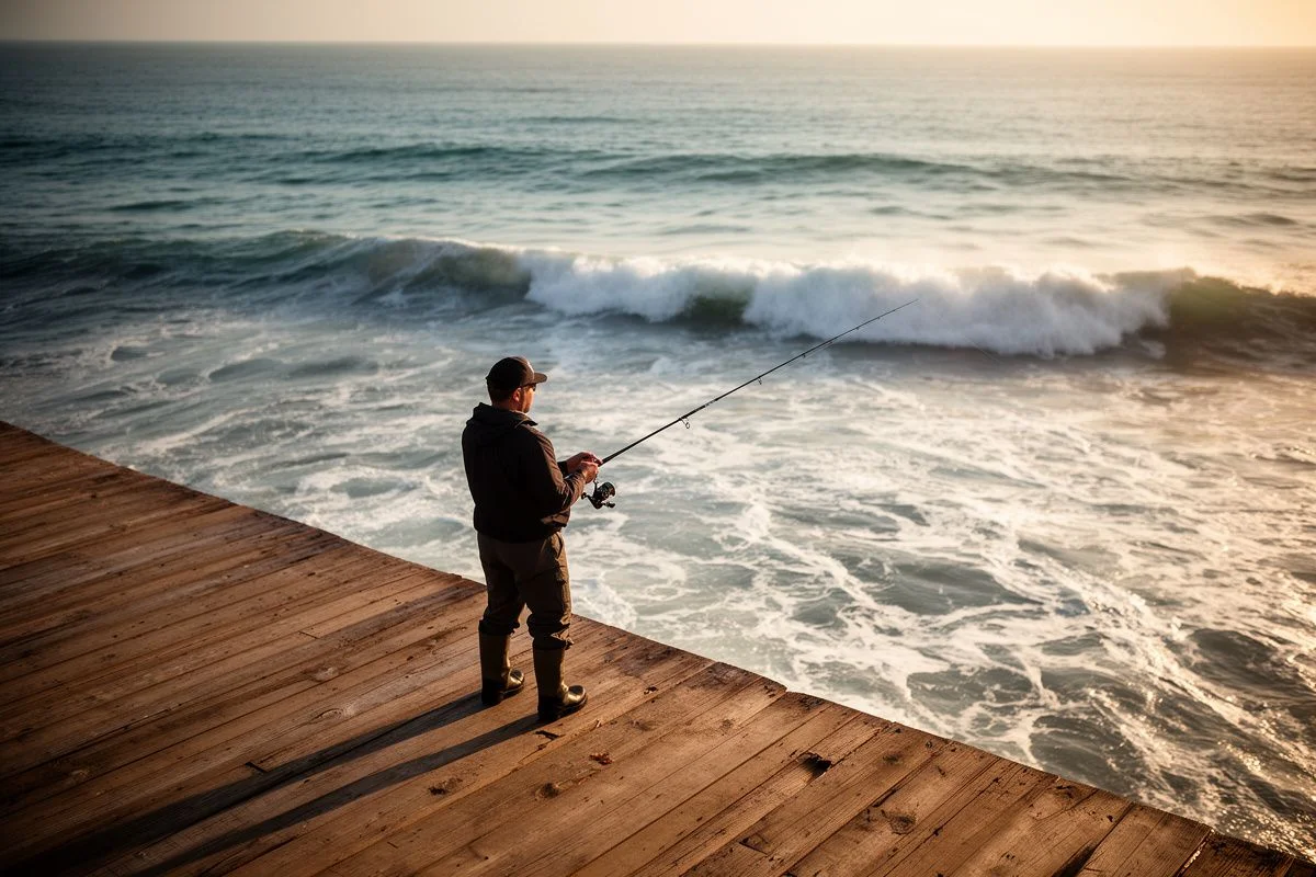 Beginner angler spinning-casting from a pier into ocean waves at golden hour with a spinning rod