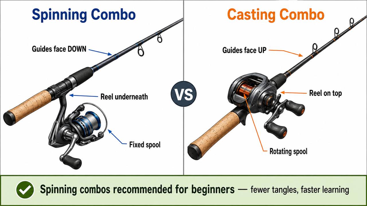 Side-by-side comparison of a spinning rod and reel with a casting rod and reel, showing guide orientation and reel position differences
