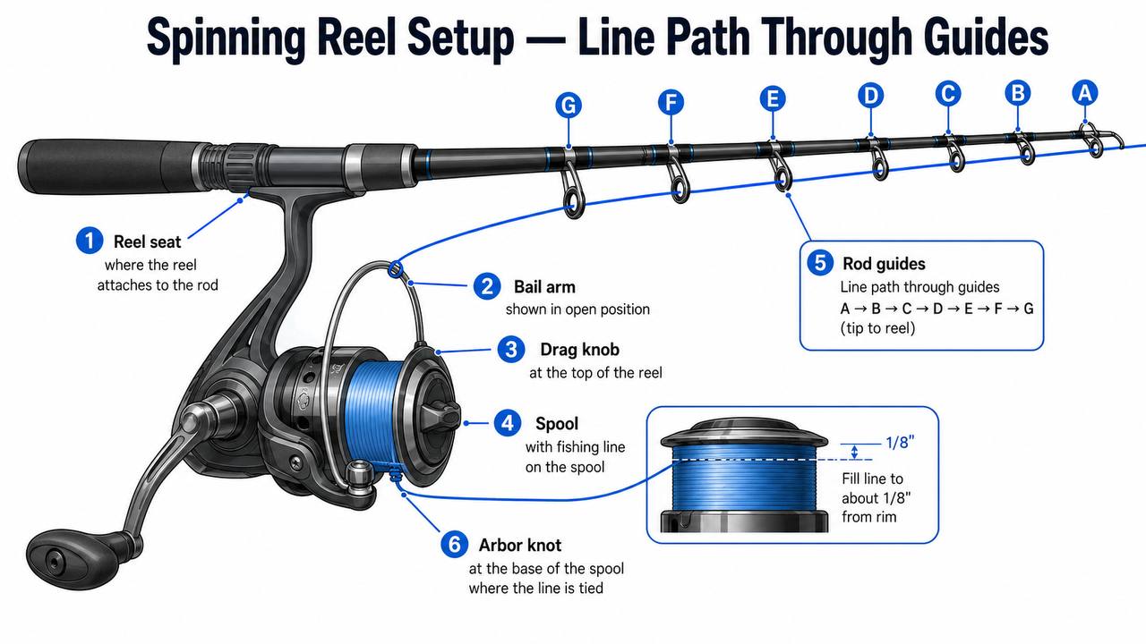 Diagram showing spinning reel parts and line path through rod guides