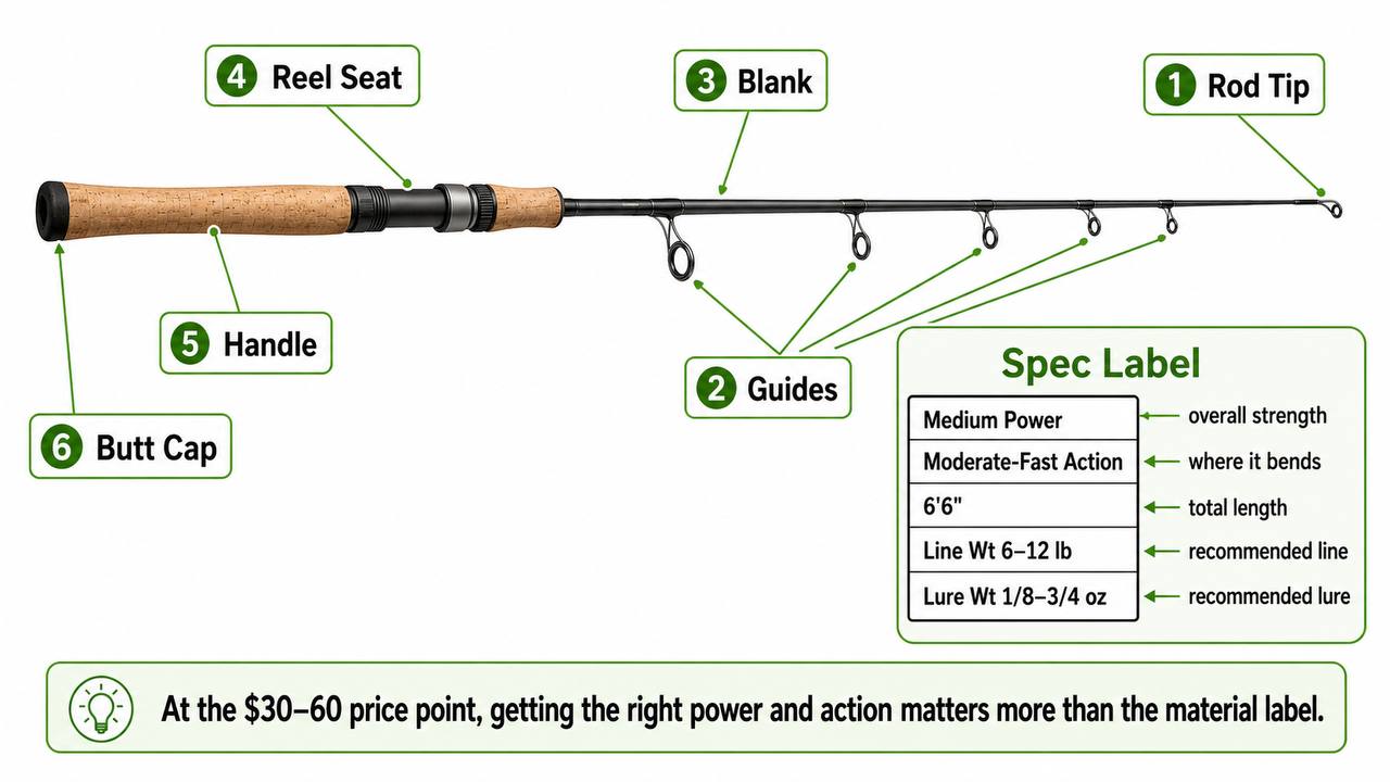 Anatomy of a freshwater spinning rod with labeled parts and a spec label showing power, action, length, line weight, and lure weight ratings