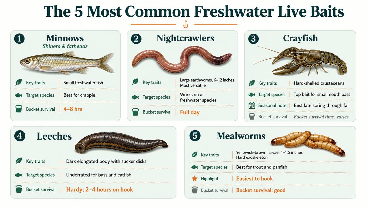 Five-panel identification guide showing the major freshwater live bait types: fathead minnow, nightcrawler, crayfish, leech, and mealworm.