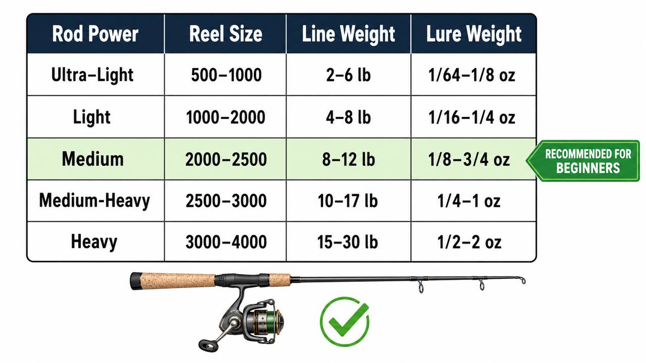Compatibility chart showing how rod power, reel size, and line weight should match together, with the beginner recommendation highlighted
