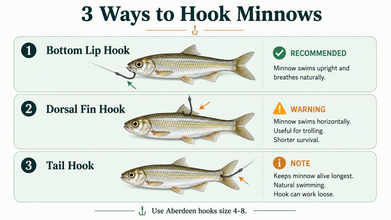 Three-panel diagram showing minnow hooking methods: bottom lip hook (recommended for beginners), dorsal fin back hook, and tail hook, using Aberdeen hooks.