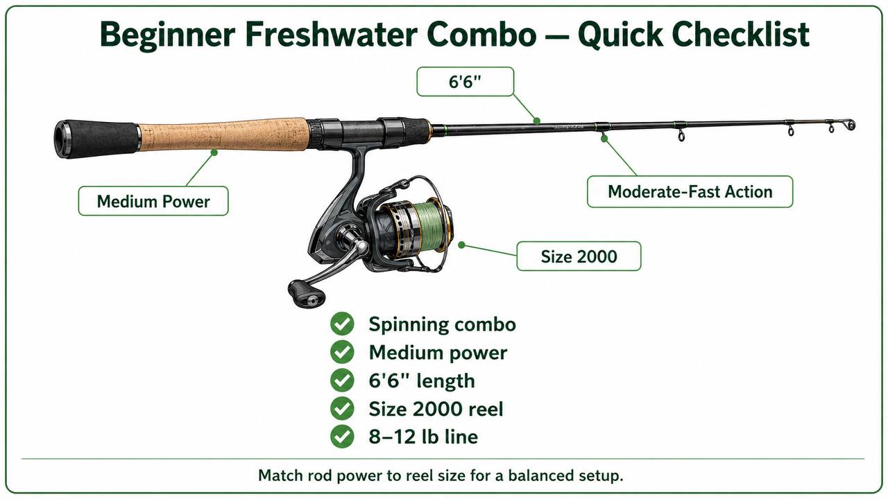 Quick-reference checklist graphic for choosing a beginner freshwater spinning rod and reel combo with recommended specs