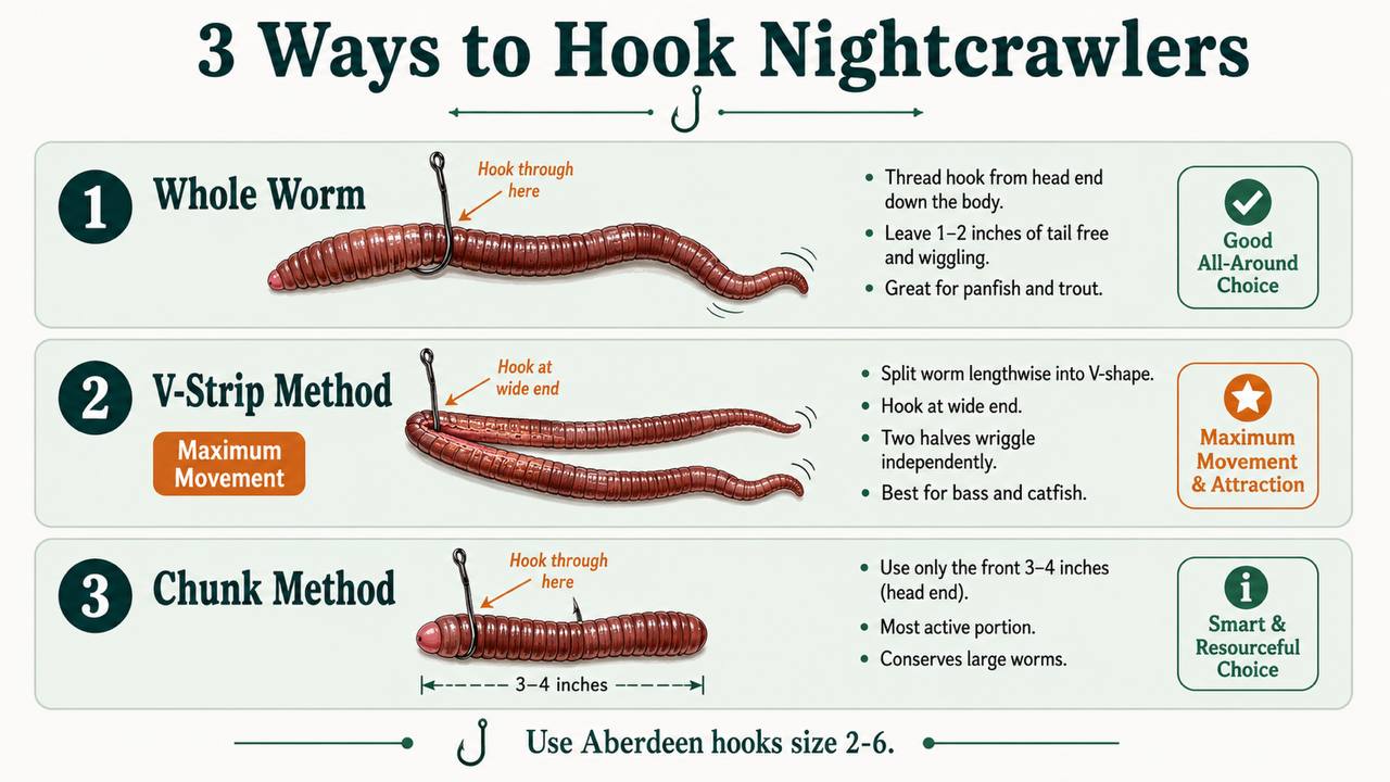 Three-panel diagram showing nightcrawler hooking methods: whole worm with free tail, V-strip method with proper V-shape split, and chunk method using the head end.