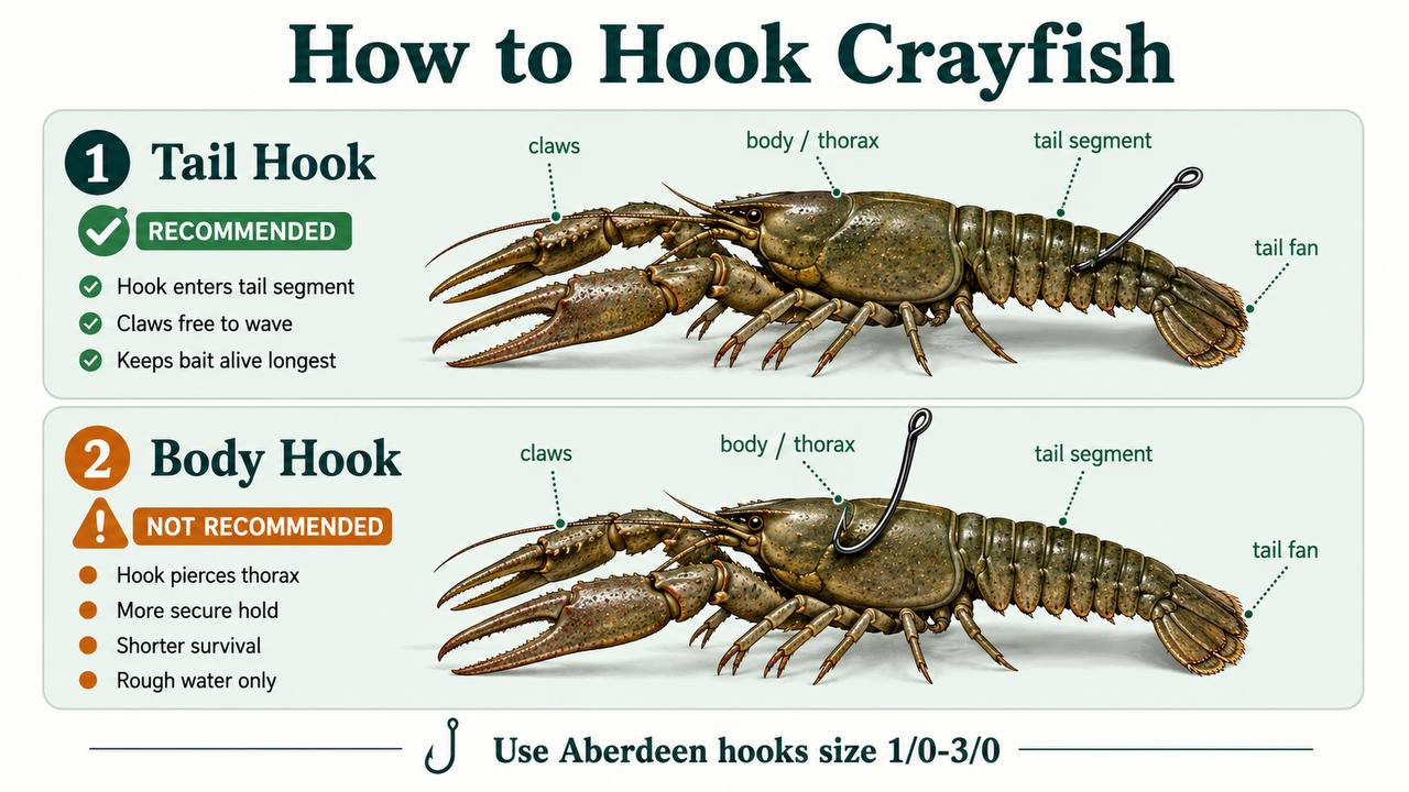 Two-panel diagram showing crayfish hooking methods: tail hook (recommended) and body hook (less recommended), with the tail method keeping claws free.