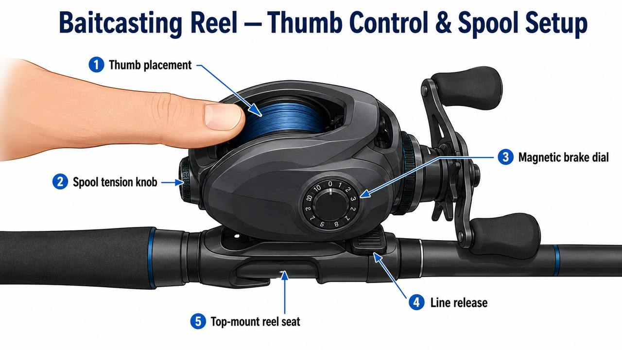 Diagram showing thumb placement and spool control on a baitcasting reel