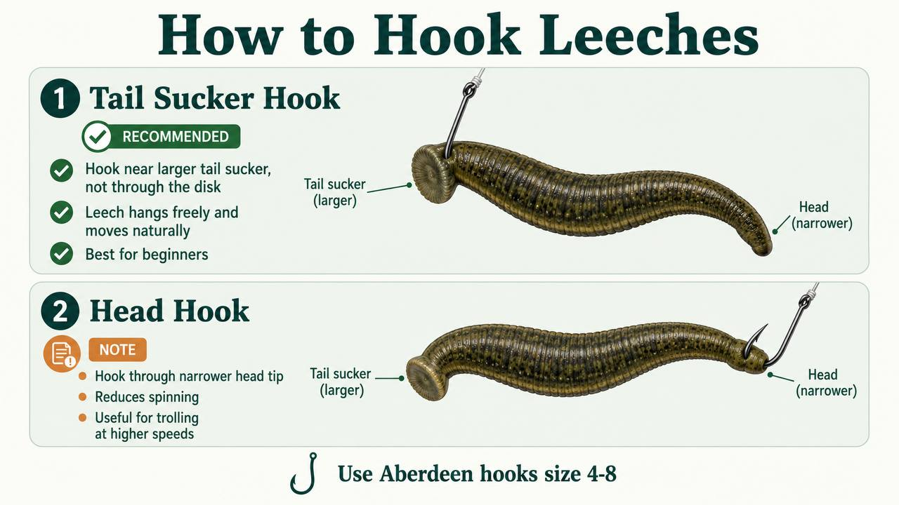Two-panel diagram showing leech hooking: tail sucker hook (recommended) and head hook, with correct leech anatomy showing the larger sucker as the tail end.
