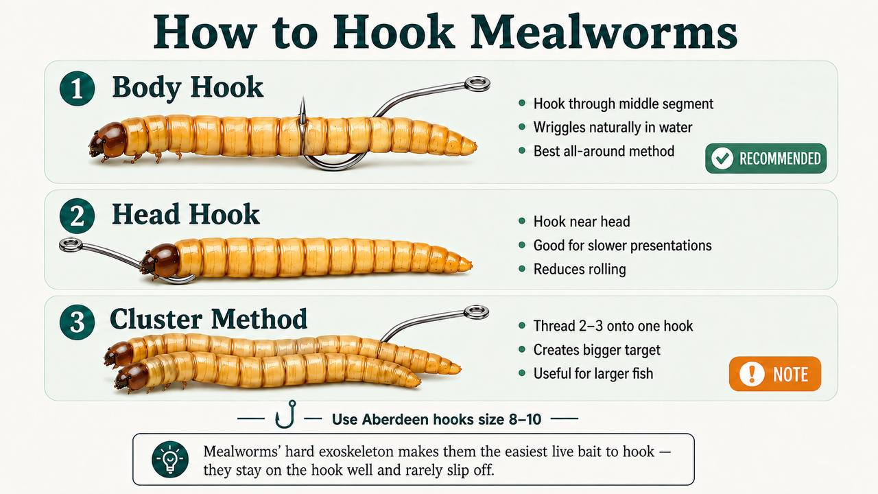Three-panel diagram showing mealworm hooking methods: body hook, head hook, and cluster method using a size 8-10 Aberdeen hook.