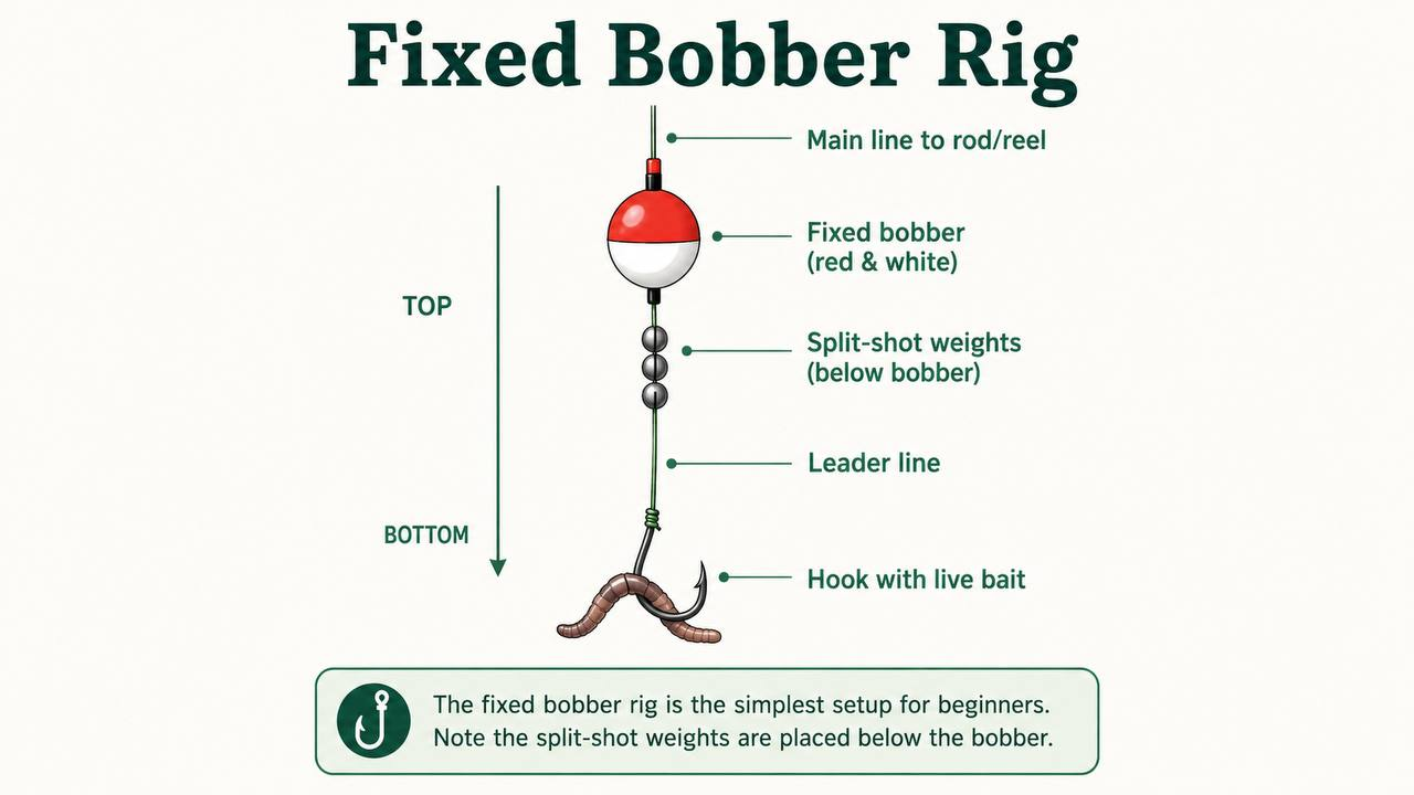 Fixed bobber rig diagram showing the correct component order: hook with bait, leader line, split-shot weights below the bobber, fixed red-and-white bobber, and main line to reel.