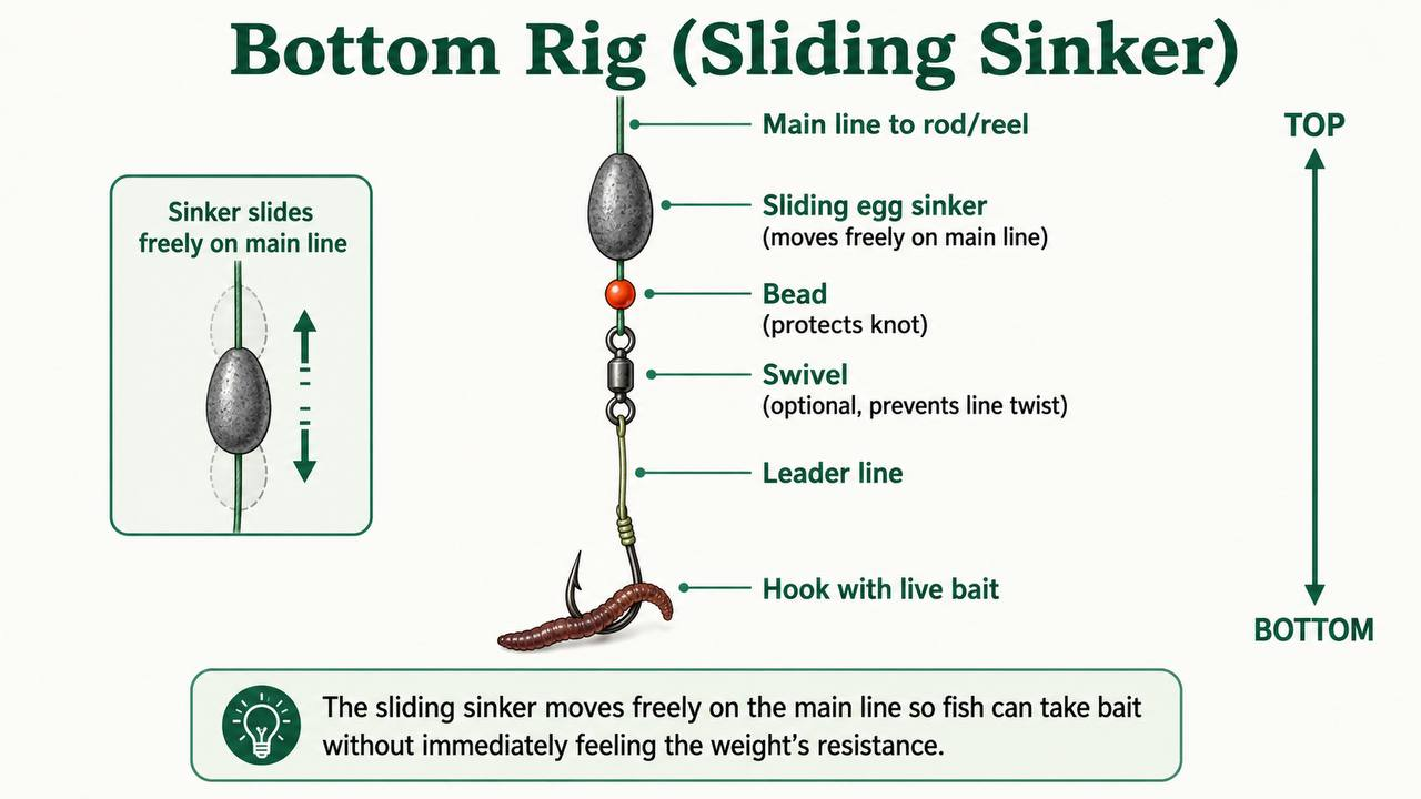 Bottom rig diagram showing the correct component order: hook with bait, leader line, optional swivel, bead, sliding egg sinker, and main line to reel.