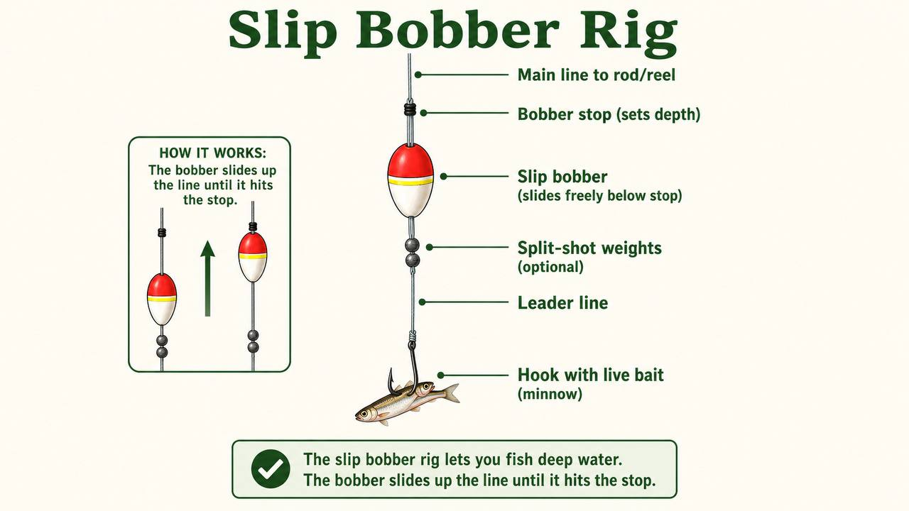 Slip bobber rig diagram showing the correct component order: hook with minnow, leader, optional split-shot, slip bobber with hollow center, bobber stop above the bobber, and main line to reel.