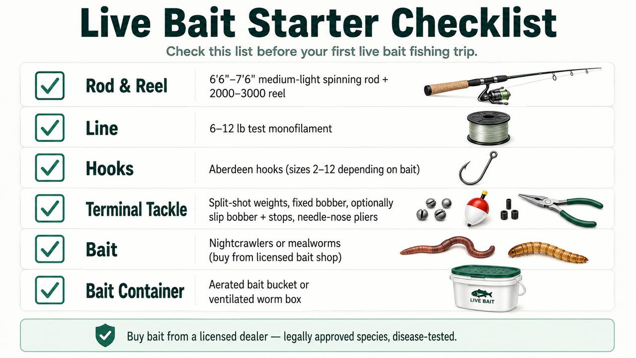 Beginner live bait fishing checklist graphic with nine essential items and simple icons.