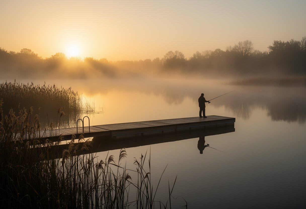 Early morning scene on a still lake with an angler silhouette on a dock at sunrise