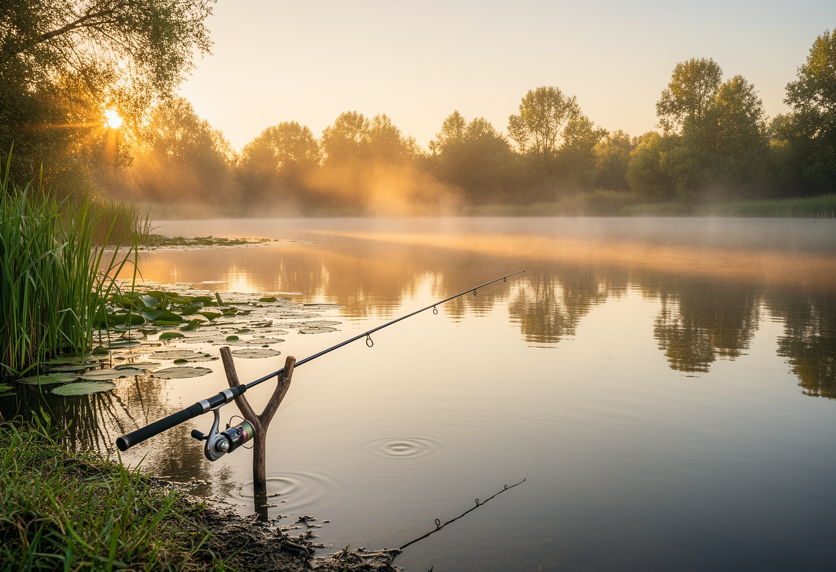 Sunrise over a calm pond with a fishing rod set up for panfish fishing.