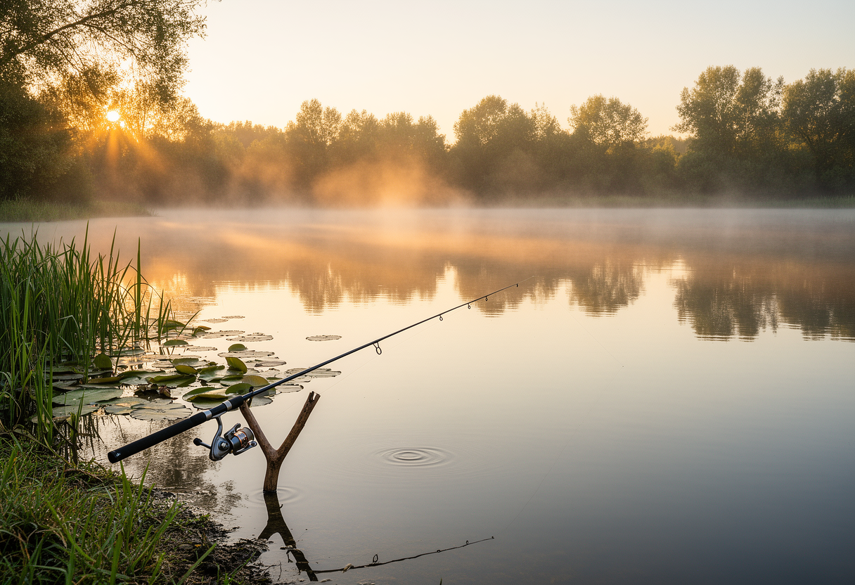 Sunrise over a calm pond with a fishing rod set up for panfish fishing.