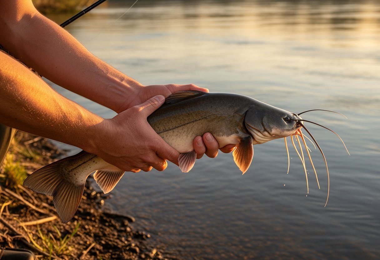 Angler's hands holding a channel catfish at a river bank during golden hour lighting