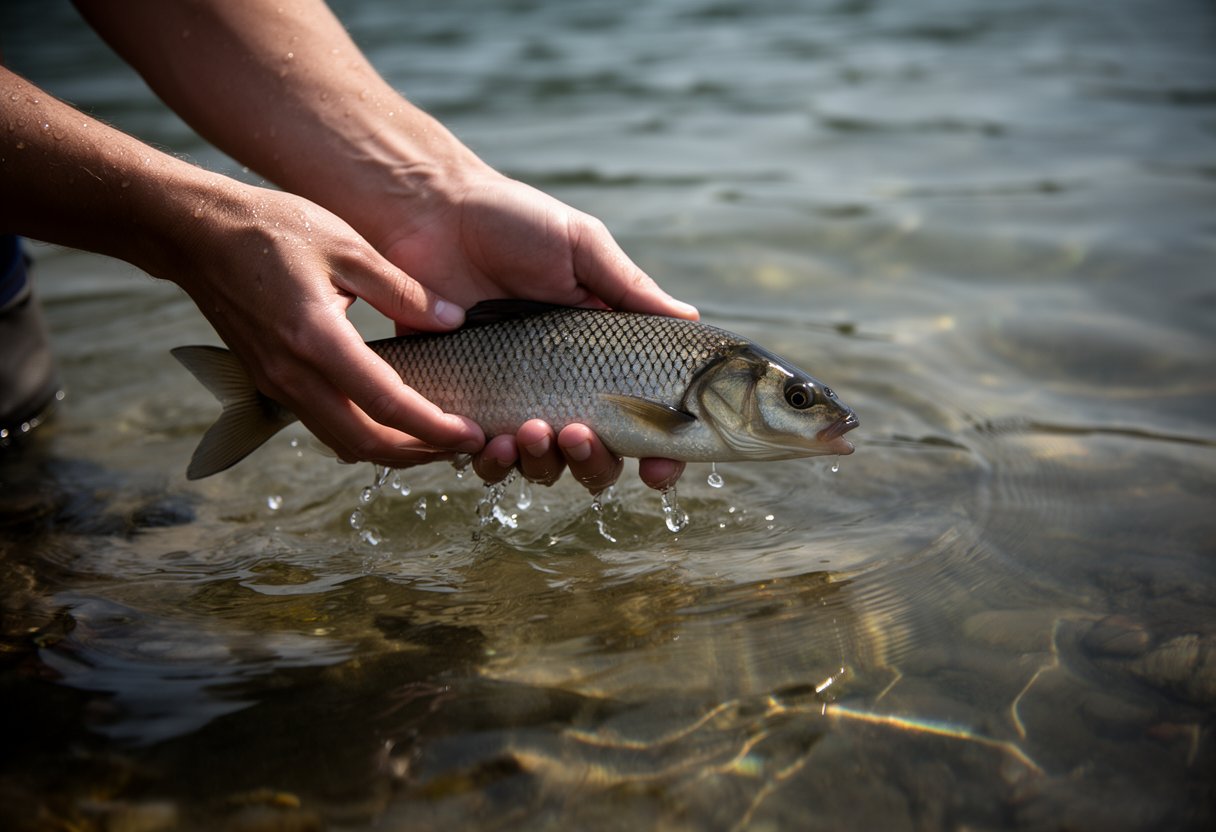 Angler gently releasing a fish back into calm lake water at sunrise