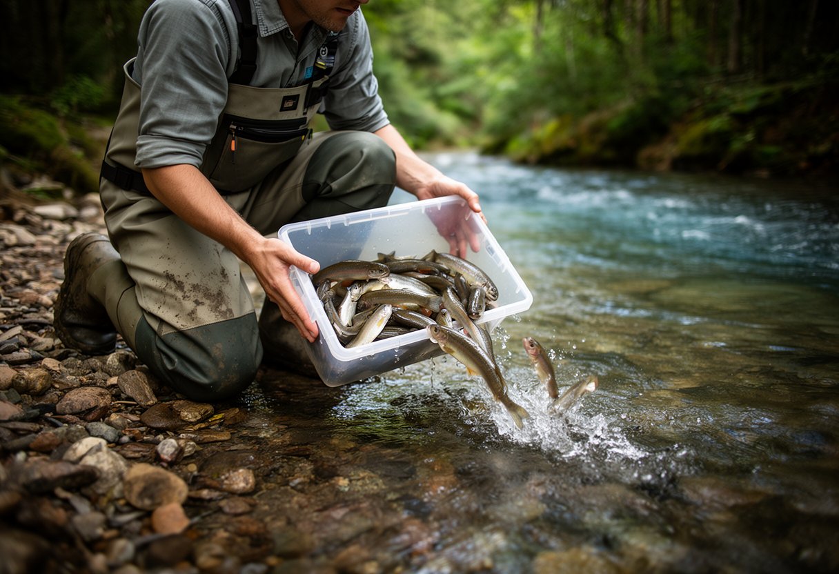 Fish biologist releasing stocked fish into a clear stream