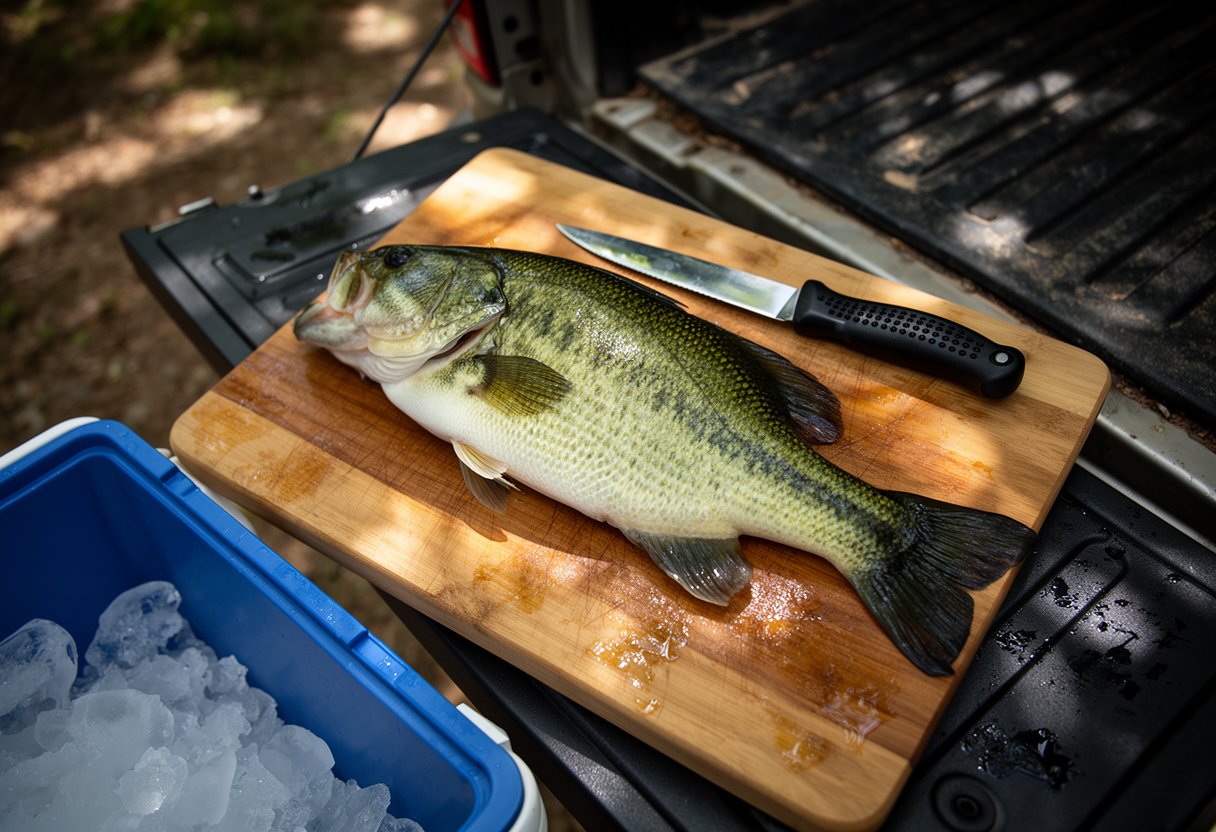 Fresh-caught largemouth bass on a wooden cleaning board with ice and a fillet knife