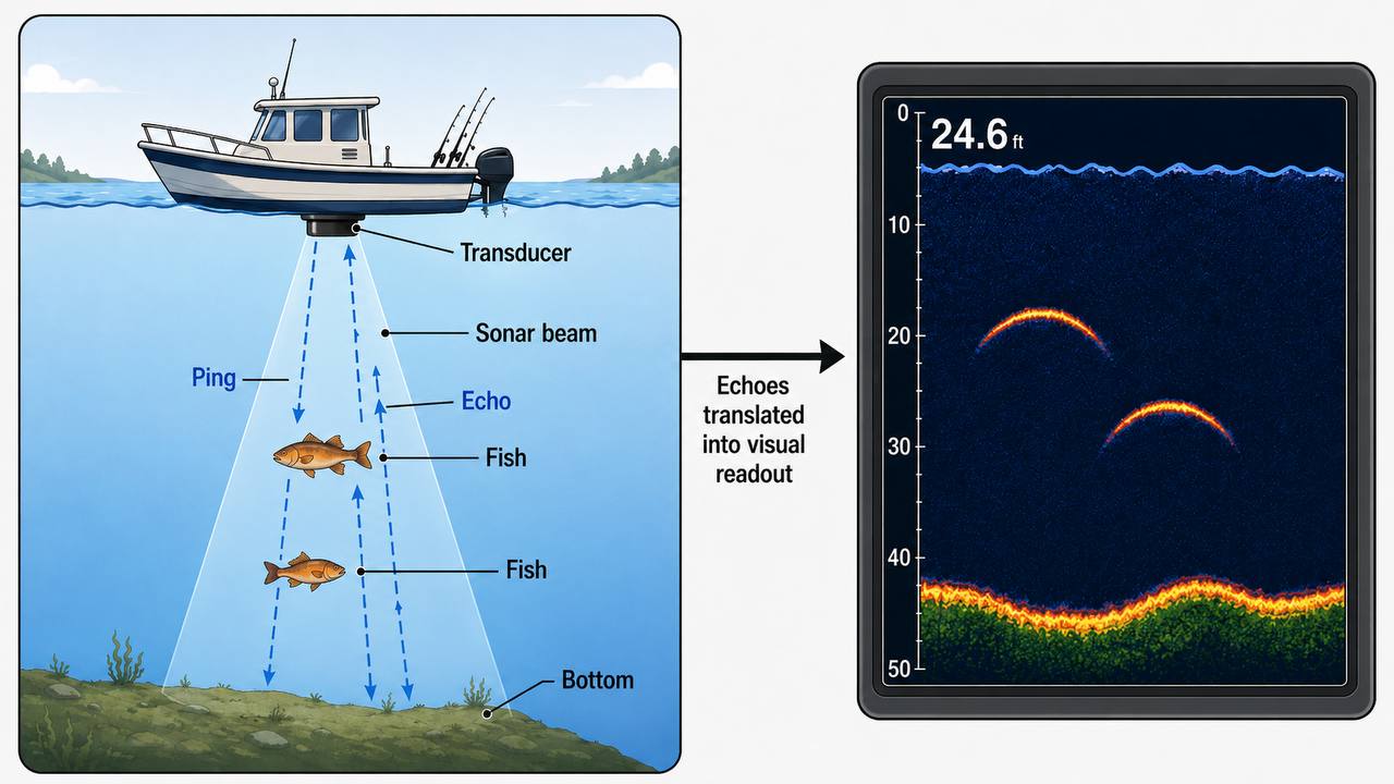 Diagram showing how a fish finder sends sonar pings from a transducer through a cone-shaped beam, bounces off fish and the lake bottom, and translates returning echoes into a screen display