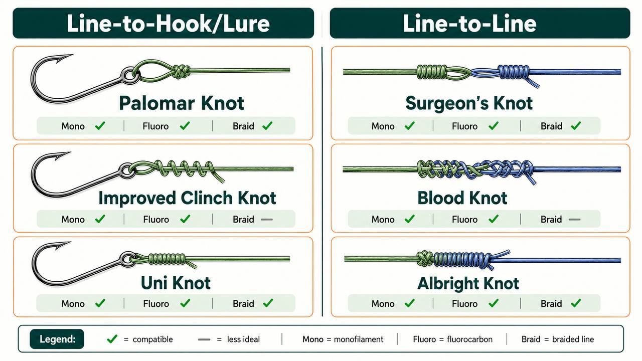 Chart of 6 essential fishing knots organized by category: line-to-hook and line-to-line connections, with compatibility indicators for monofilament, fluorocarbon, and braided line