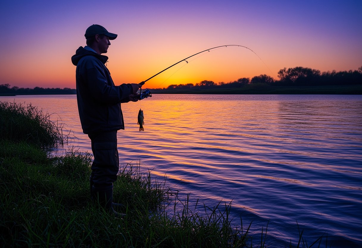 Angler fishing from shore at dusk with water reflecting the fading sky