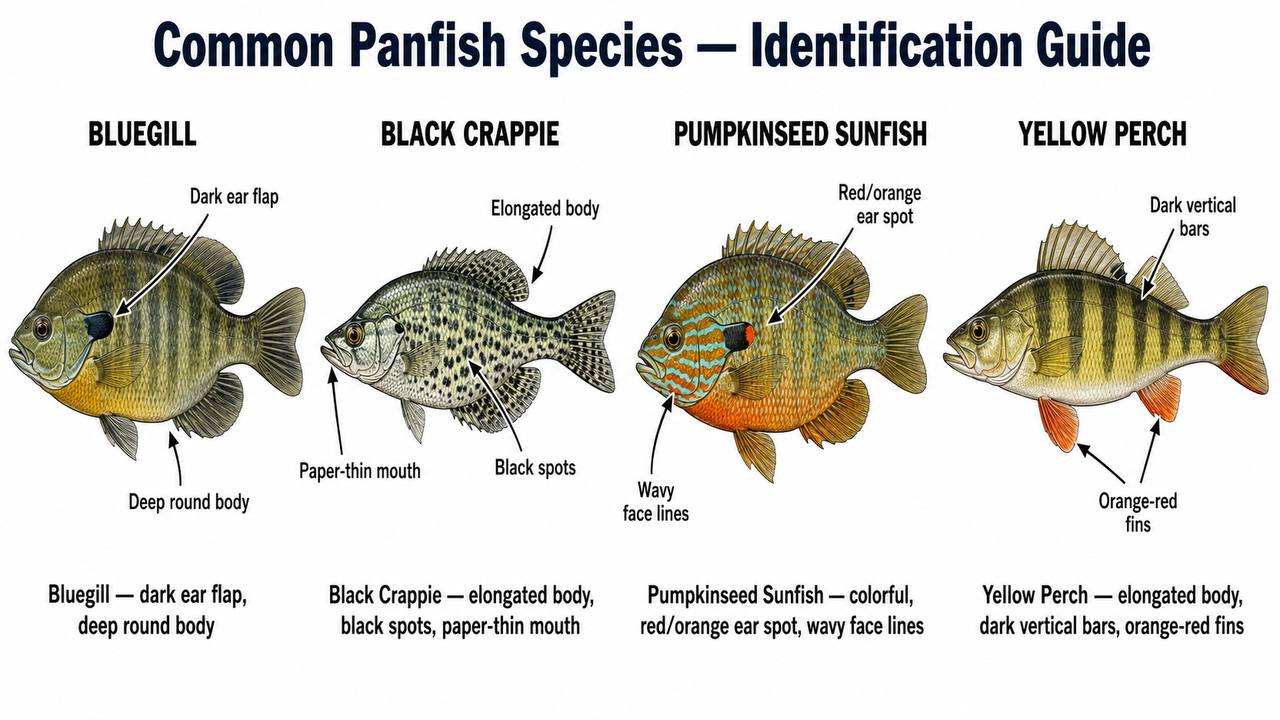 Side-by-side identification chart comparing bluegill, black crappie, pumpkinseed sunfish, and yellow perch with key features labeled.