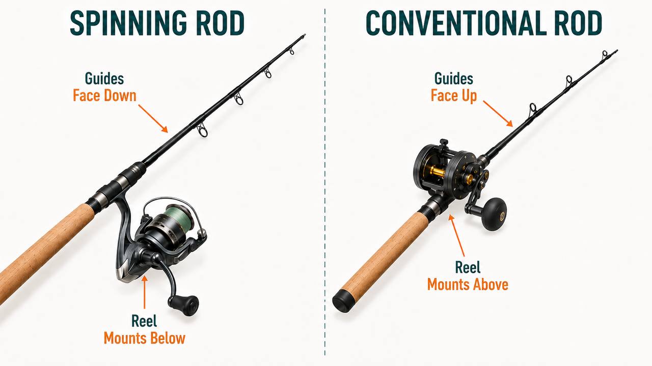 Side-by-side comparison diagram showing the mechanical difference between spinning and conventional fishing rod configurations