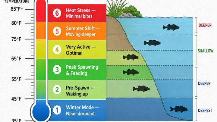 Temperature scale showing how bass activity changes from 35 to 85 degrees Fahrenheit, with fish silhouettes indicating where fish hold at different temperatures — shallow in spring, deep in summer and winter