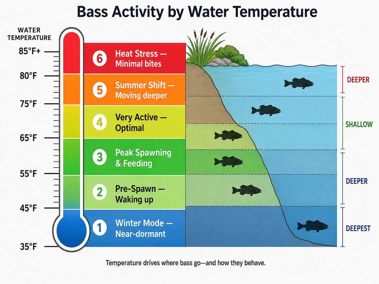 Temperature scale showing how bass activity changes from 35 to 85 degrees Fahrenheit, with fish silhouettes indicating where fish hold at different temperatures — shallow in spring, deep in summer and winter