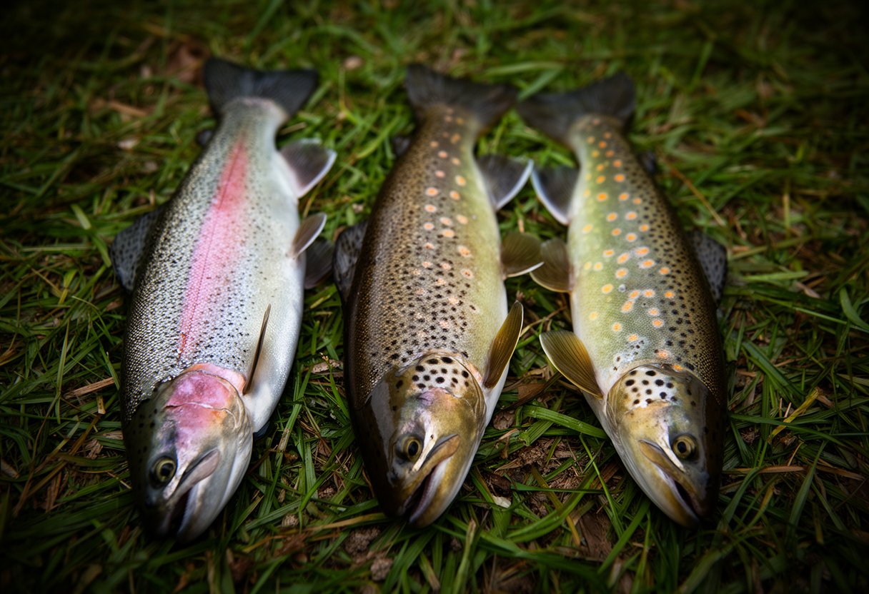 Rainbow, brown, and brook trout side by side showing the three main trout species