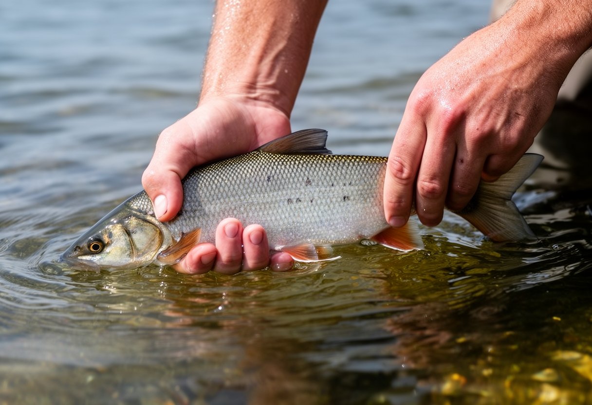 Angler's wet hands properly supporting a fish in the water using the two-hand grip technique