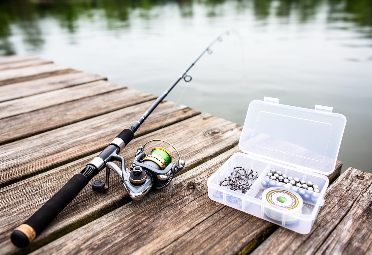 Simple catfish fishing gear setup - spinning rod, reel, circle hooks, and sinker weights laid out on a wooden dock