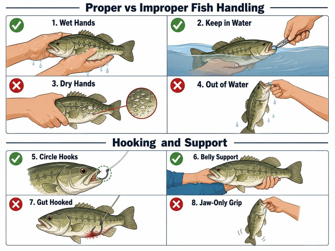 Comparison diagram showing proper and improper fish handling techniques with labeled panels