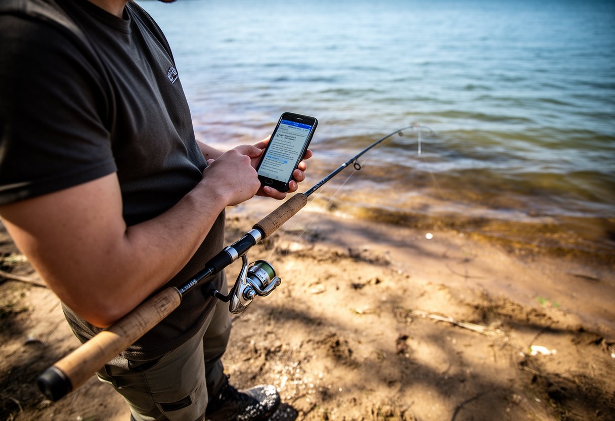 Angler checking digital fishing license on smartphone at the lake