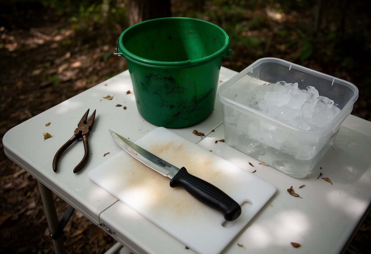 Fillet knife, cutting board, pliers, and cleaning supplies arranged on an outdoor table
