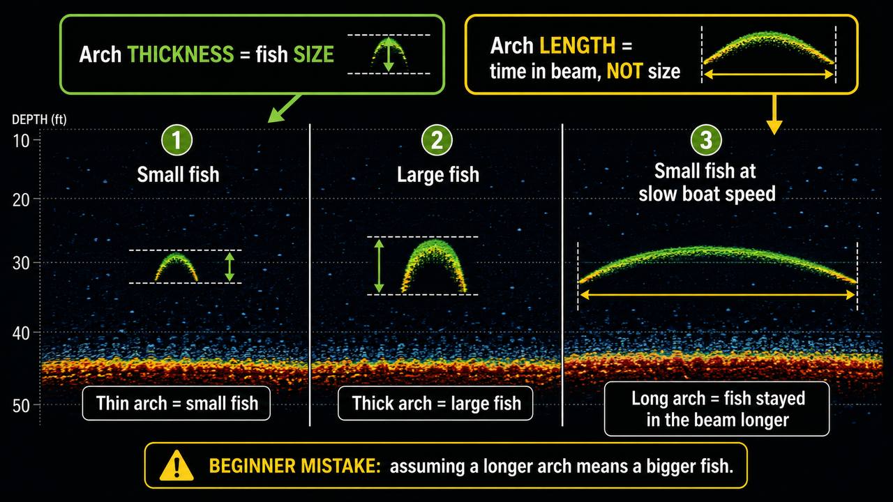 Annotated 2D fish finder screen showing the water surface at the top, water column in the middle, bottom line, depth scale on the right, and readout panel in the lower-left corner