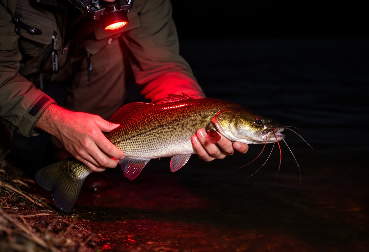 Angler holding a catfish caught at night, illuminated by headlamp