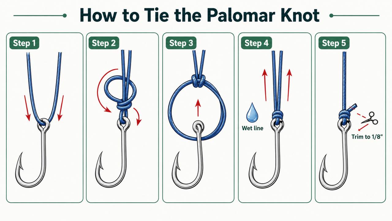 Step-by-step diagram showing how to tie a Palomar knot on a fishing hook, numbered steps 1 through 5 with arrows showing line direction