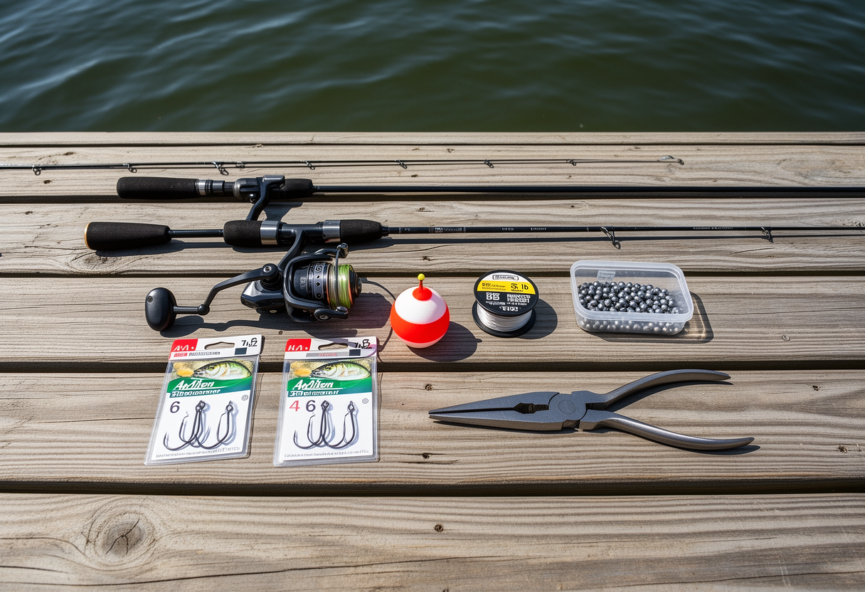 Flat-lay arrangement of beginner panfish fishing gear: ultralight spinning rod, reel, monofilament line, hooks, bobber, split shot, and pliers.