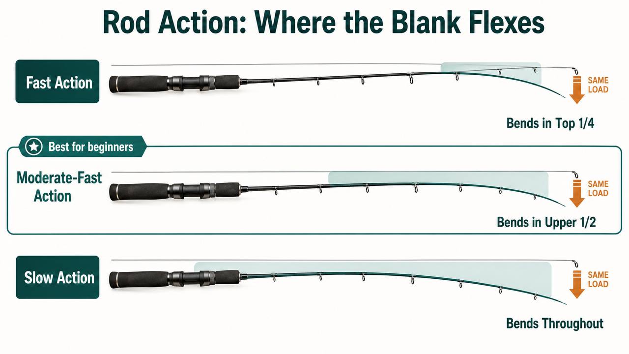 Diagram comparing three rod action types showing where along the blank each rod bends under load