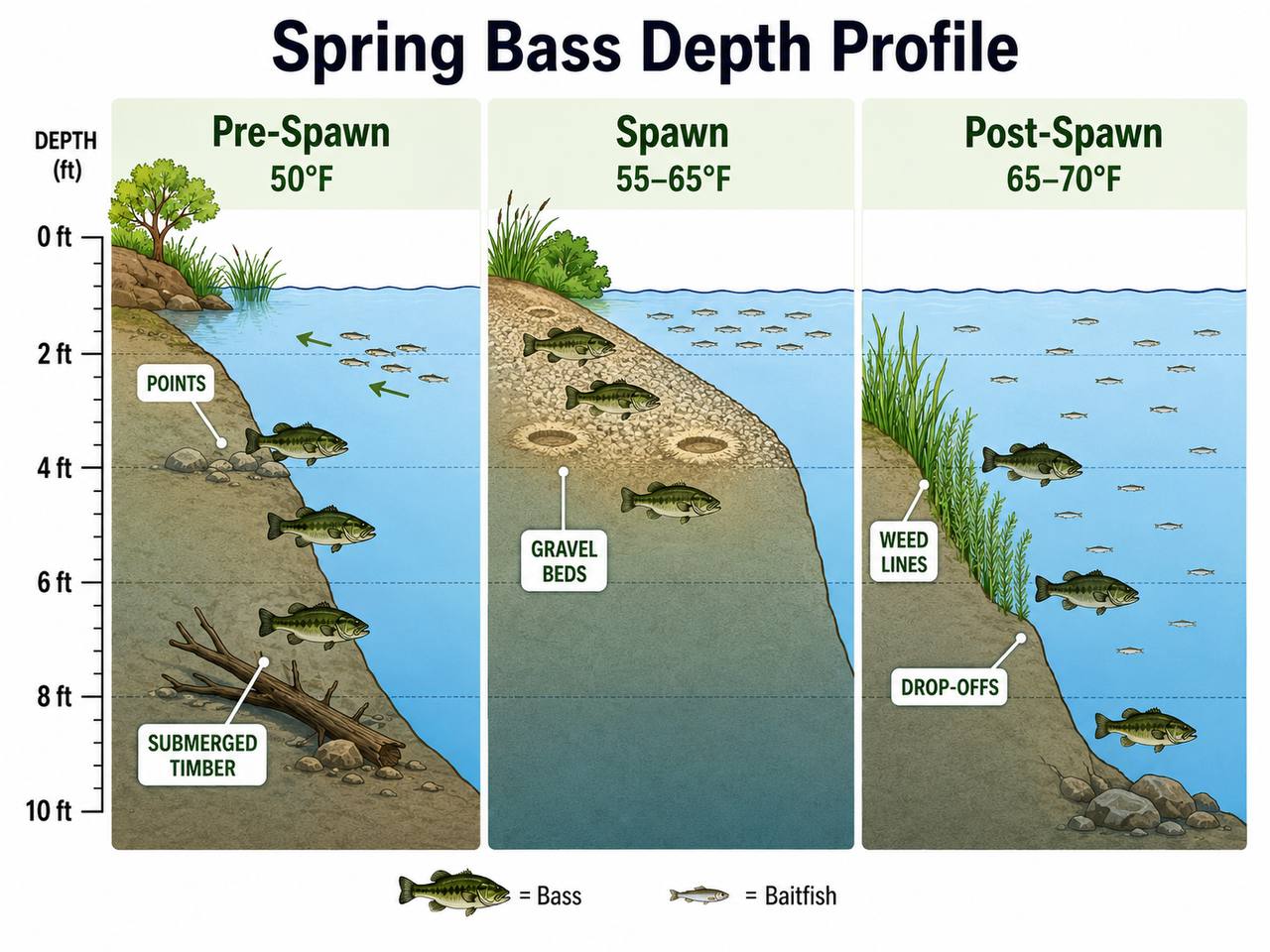 Lake cross-section diagram showing bass positions during three spring stages: pre-spawn at 2-8 feet near points, spawn at 1-4 feet on gravel beds, and post-spawn dispersed along weed lines