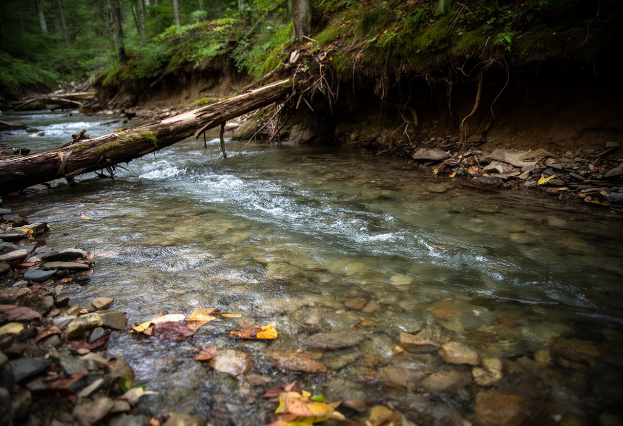Clear mountain stream with riffles, runs, and pools showing ideal trout habitat