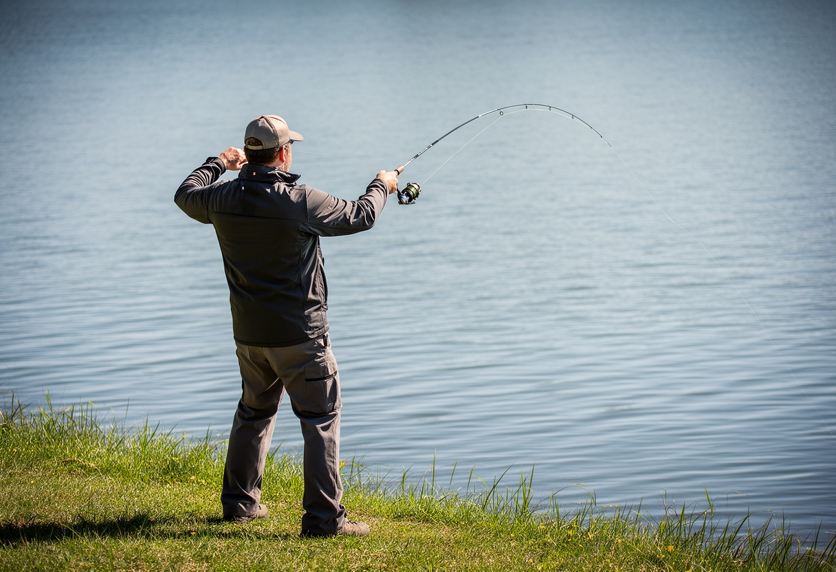 Angler in proper casting stance with rod swept back for the backcast